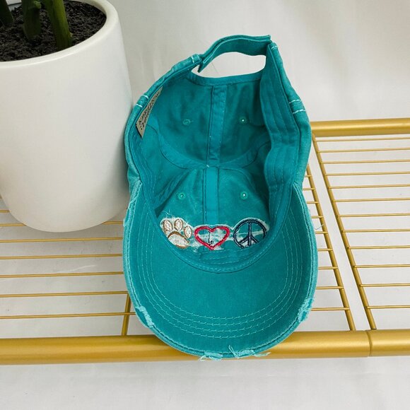 BRAND NEW, Never Worn Distressed Peace, Love and Dogs Turqouise Adjustable Hat! - Picture 4 of 8